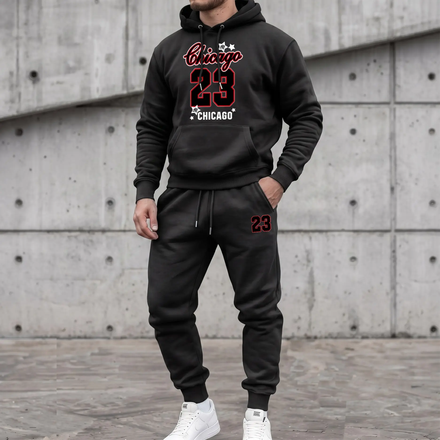 Men's Chicago 23 Letter and Number Graphic Hoodie & Sweatpants Set, Casual Hip-Hop Long Sleeve Pullover with Drawstring Jogger Pants, Fall Winter Tracksuit for Daily Wear, Travel, Lounge and Streetwear
