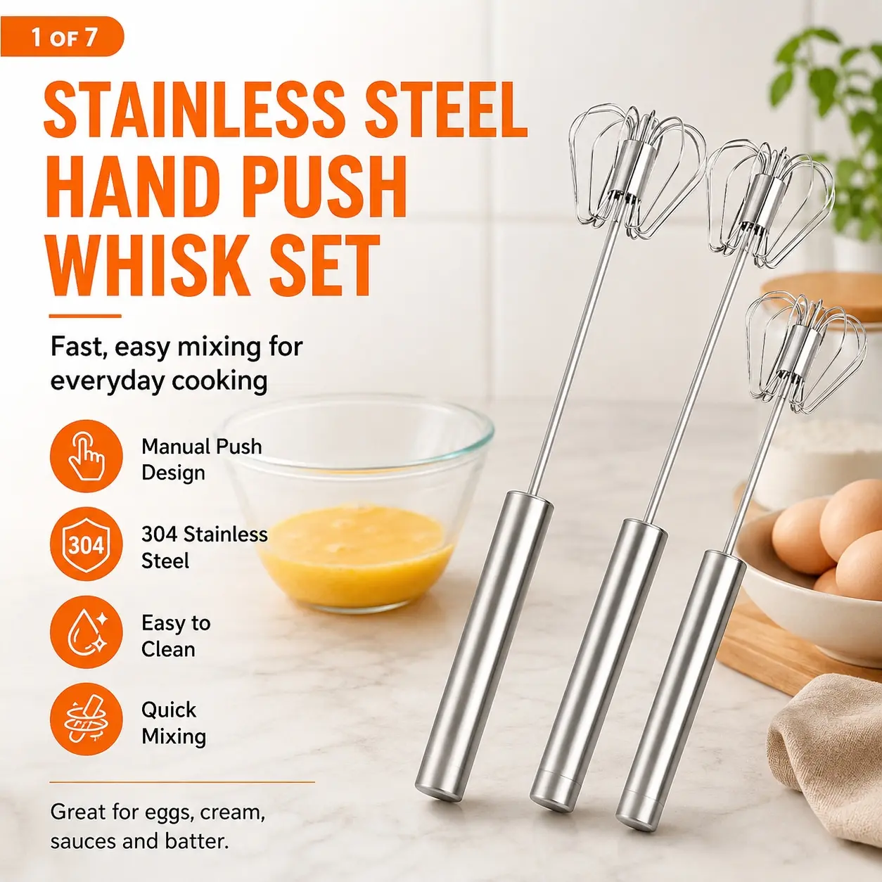 Stainless Steel Hand Press Egg Beater, Egg Whisk, Manual Egg Mixer, Quick Mixing Kitchen Tool, Kitchen Gadgets, Ideal for Eggs, Cream, Coffee, Sauces, Baking, Daily Cooking