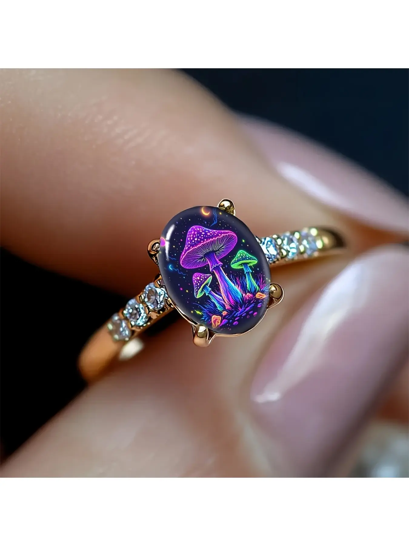 Neon glittering rainbow diamond gold ring, with a black background of starry night sky featuring fluorescent purple, green and orange cartoon mushrooms, moon shapes and starry patterns, in a psychedelic neon graffiti style, full of fantastical retro hippi