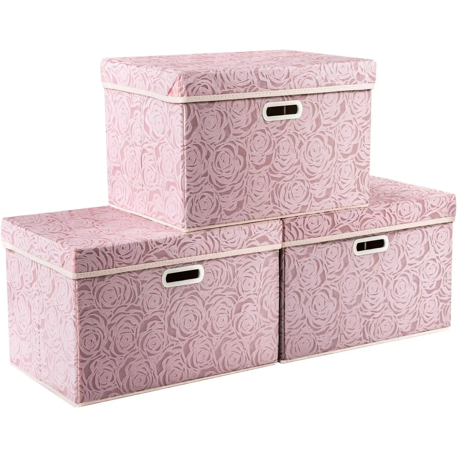 Larger Collapsible Storage Boxes with Lids Fabric Decorative Bins Cubes Organizer Containers Baskets Handles Divider for Bedroom Closet Living Room Pink 17.7x11.8x11.8 Inch 3 Pack