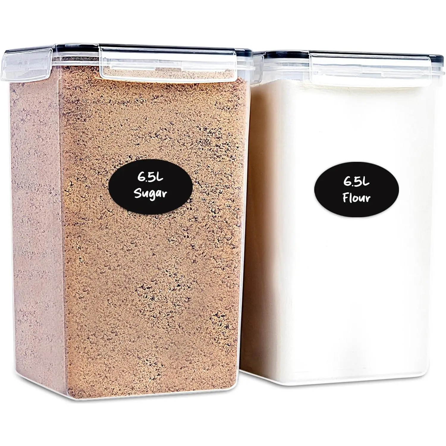 Flour and Sugar Storage Containers 6.5L/220 Fl. oz; Set of 2 Plastic Bulk Airtight  Storage Rice Containers With  -  Pantry Organizer and Storage Canisters, Marker & Labels