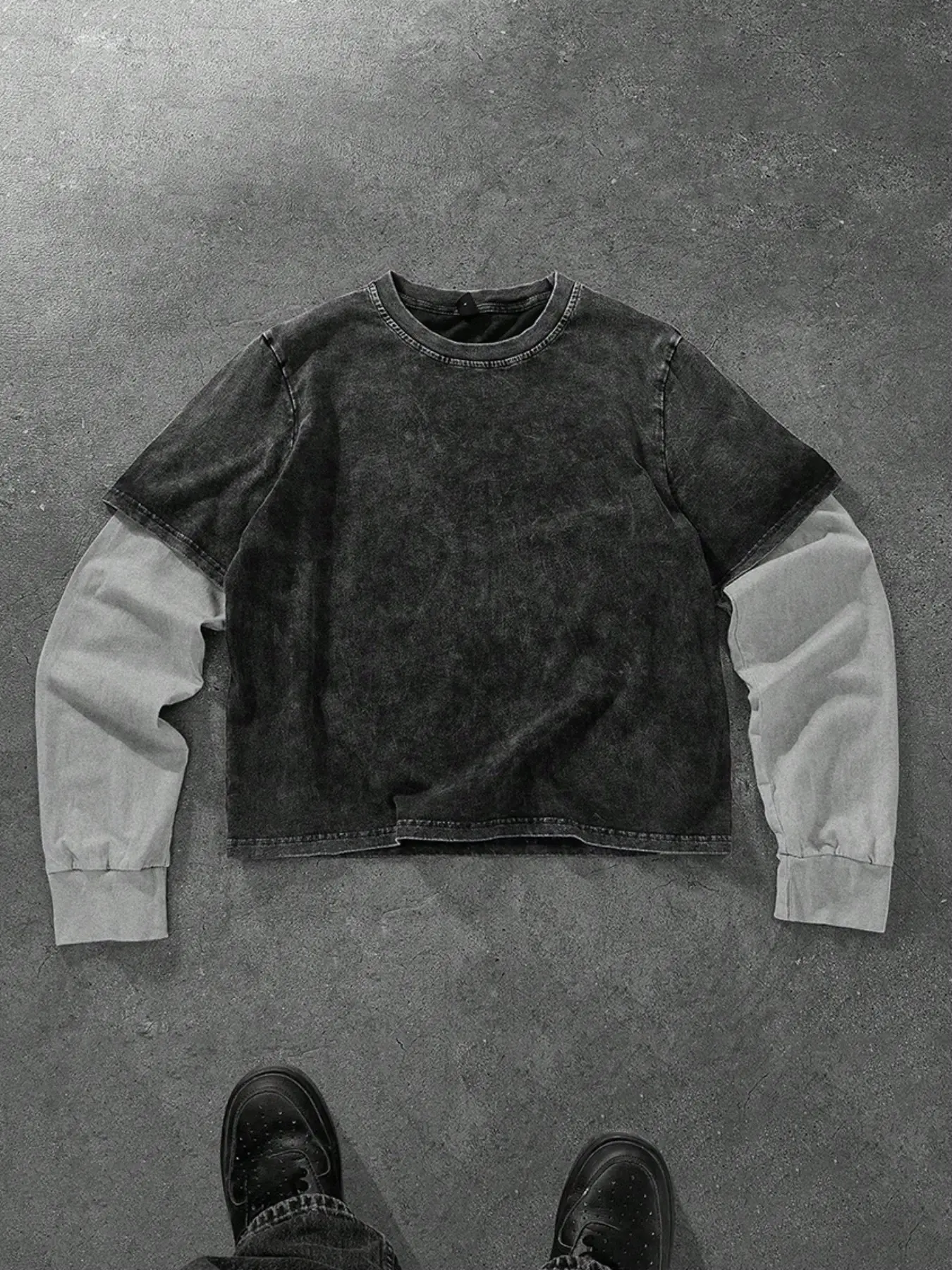 Men's Fake Two-Piece Cotton Long Sleeve T-Shirt, Patchwork, High Waist, Vintage Style, Streetwear, All Seasons