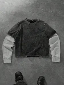 Men's Fake Two-Piece Cotton Long Sleeve T-Shirt, Patchwork, High Waist, Vintage Style, Streetwear, All Seasons