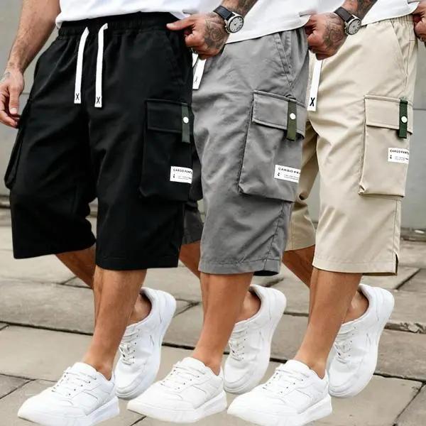 3 Pack Men&rsquo;s Cargo Shorts, 7/8 Length, Summer Drawstring Waist, Large Pockets, Letter Patch Details, Fashionable Casual Athletic Shorts
