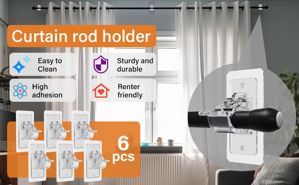 Self Adhesive Curtain Rod Bracket, No Drilling Curtain Rod Holders, 20lbs Load Capacity Hangers for Bathroom, Living Room, Kitchen