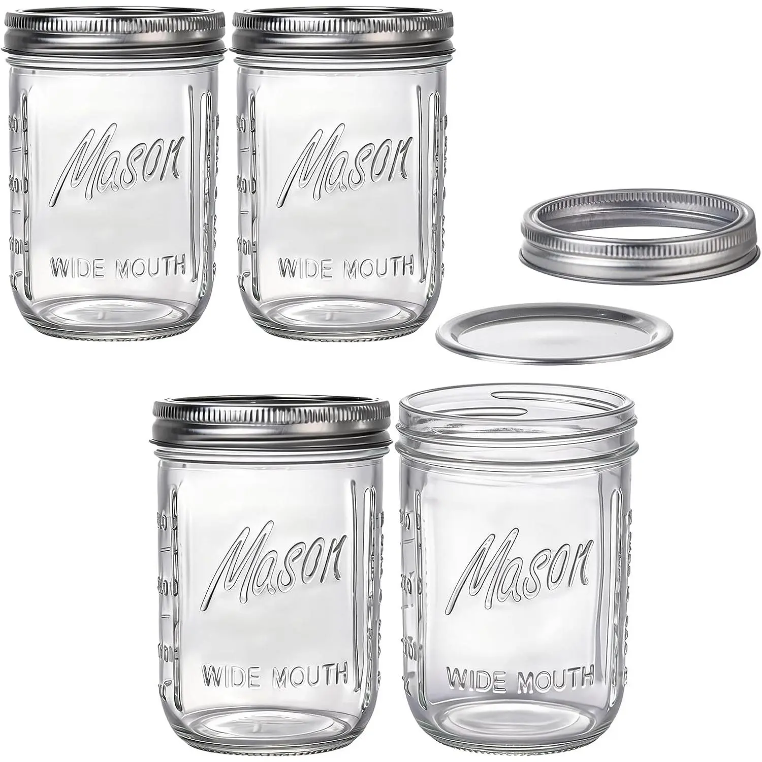 4 Pack 16 oz Mason Jars with  – Wide Mouth Glass Canning Jars, Rust-Proof Airtight  with  Seal, Thick Glass Storage Jars with Measurement Marks
