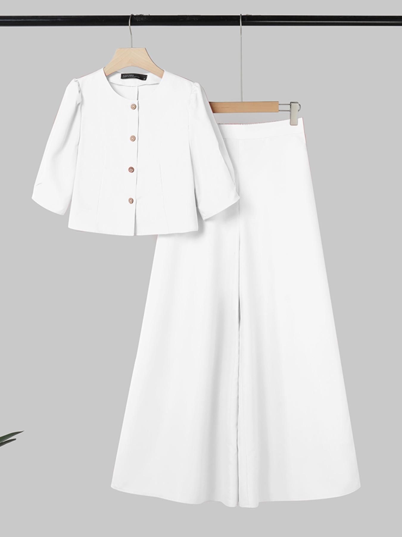 Two-Piece Set Women's Plain Woven Cropped Top & Elastic Waist Wide Leg Pants, Elegant Fashion Top & High Waist Trousers for Daily Wear, Womenswear for Summer