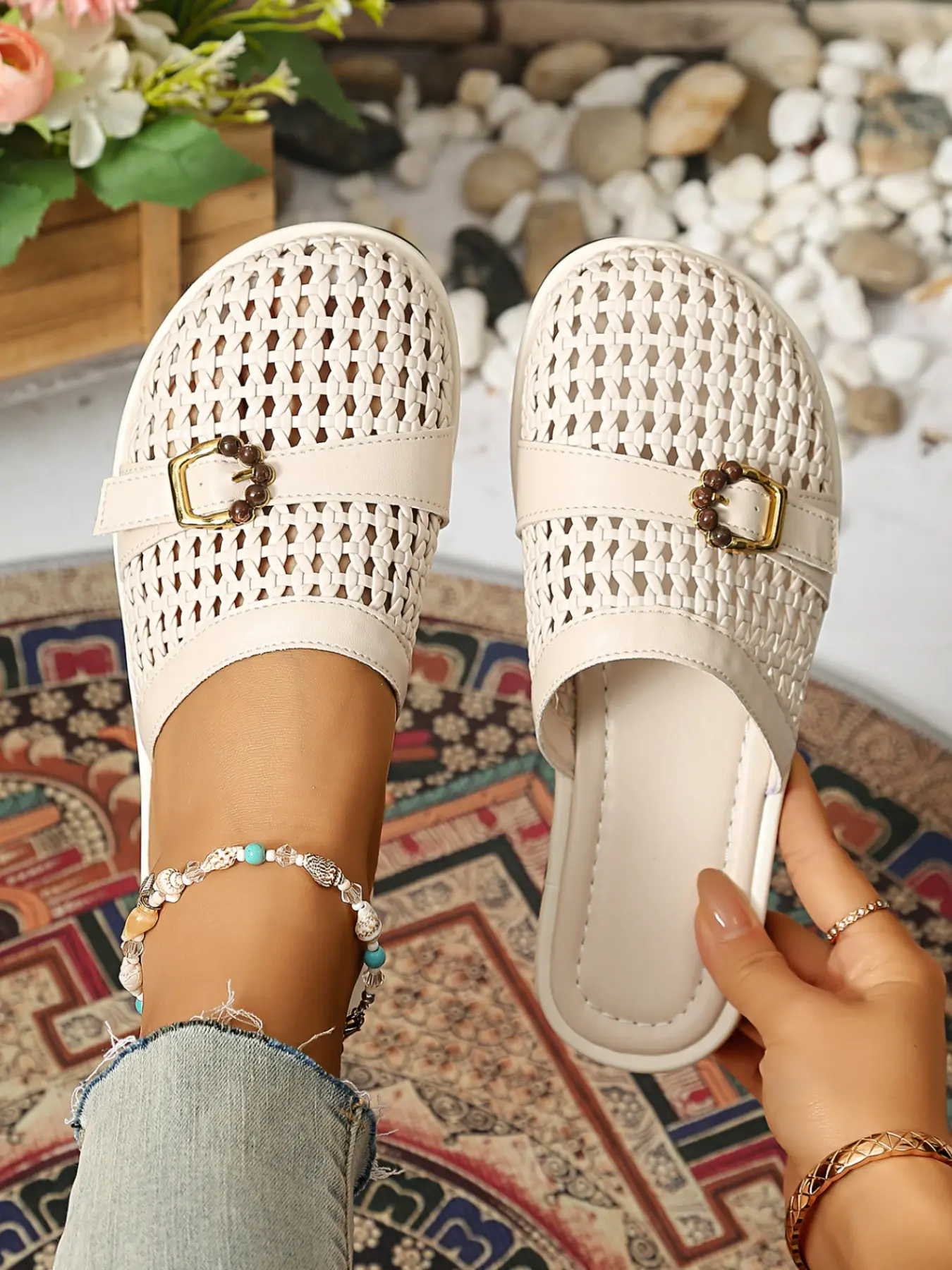 New Boho Style Braided Sandal, Hollow Out Breathable Design, Wooden Bead Buckle Decoration, Women's Slip-On Flat Sandals