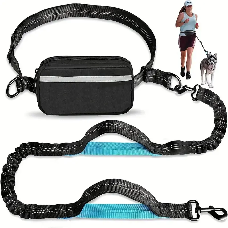 Multi-functional waist bag running leash with a zipped storage pocket, double-layered thick handle and durable elastic rope for hands-free dog leash, suitable for walking dogs, jogging and running retractable leash