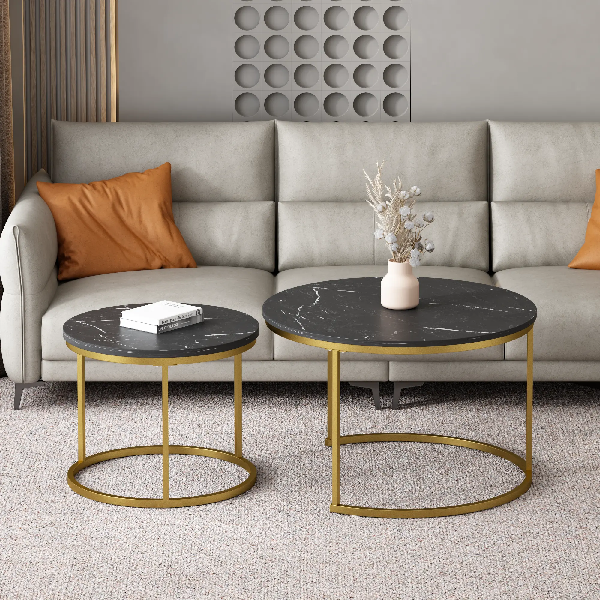 27.6in Nesting Coffee Table Set of 2, Round Coffee Table Wood Marble Pattern Top with Sturdy Metal Frame, End Table Side Tables for Living Room Bedroom Balcony Yard