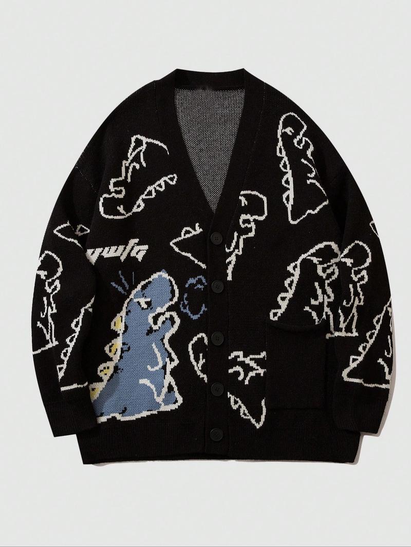 Men's Cartoon Dinosaur Print Pocket Button Front Cardigan, Loose Casual Drop Shoulder Long Sleeve V Neck Knitwear for Spring & Fall, Fashion Men's Knit Clothing for Daily Wear, Cartoon Print Sweater
