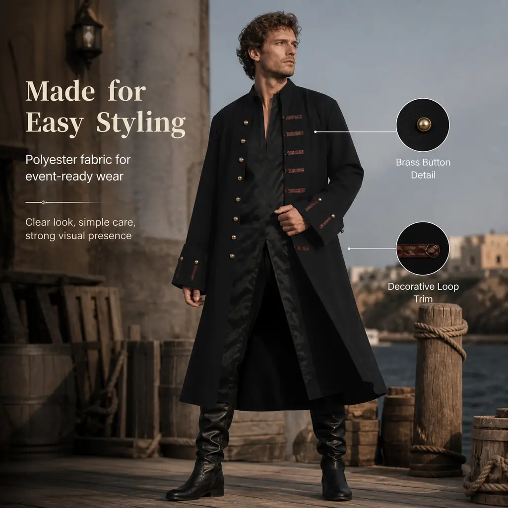 Men's Black Pirate Captain Long Frock Coat - Stand Collar, Bronze Buttons, 18th Century Vintage Colonial Overcoat for Halloween Cosplay Brown Casual