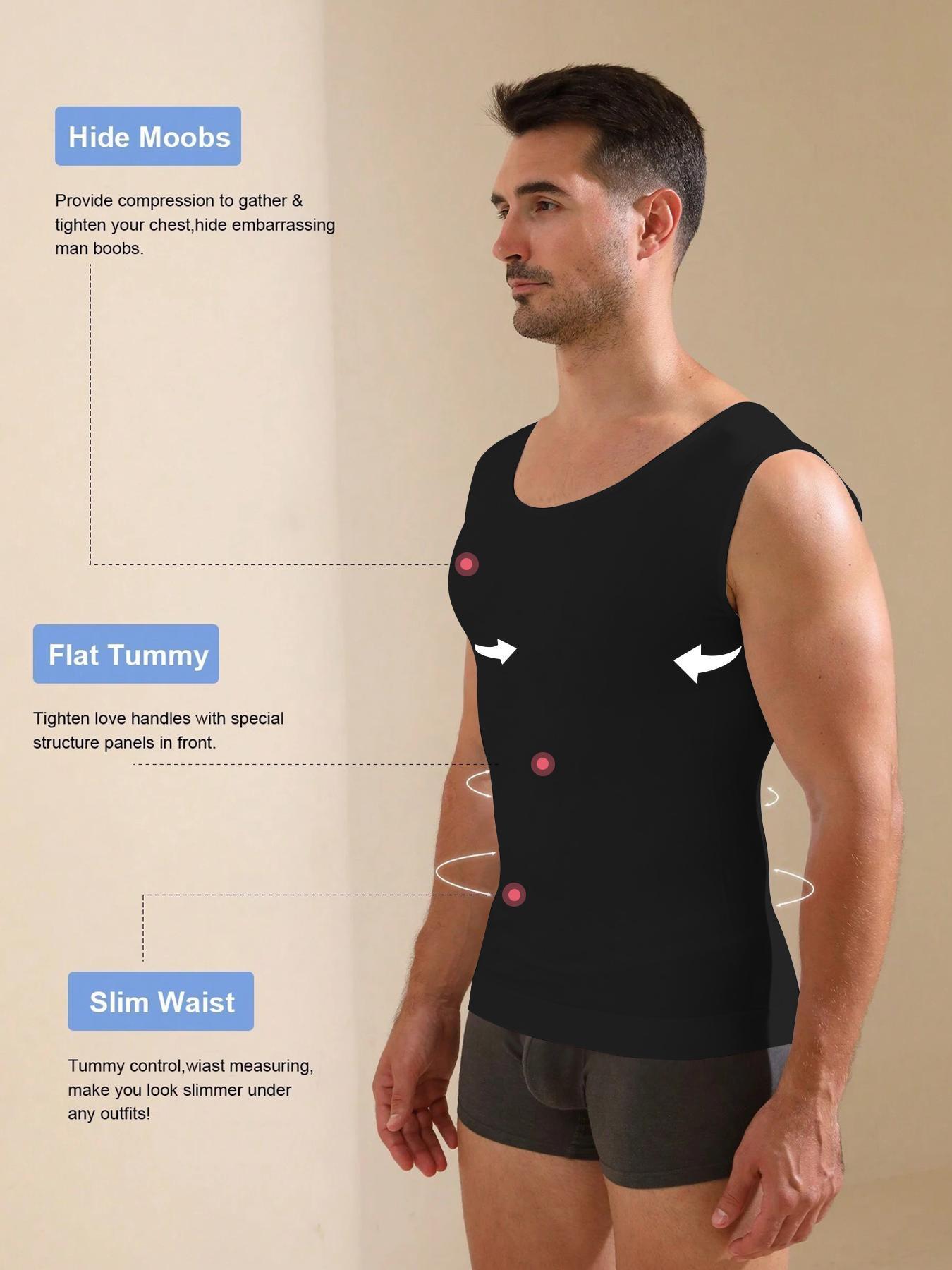 Men's Solid Round Neck Compression Shapewear Sleeveless Tank Top, High Stretch Tummy Control Shapewear Top, Double Hem Fit Shaper for Men