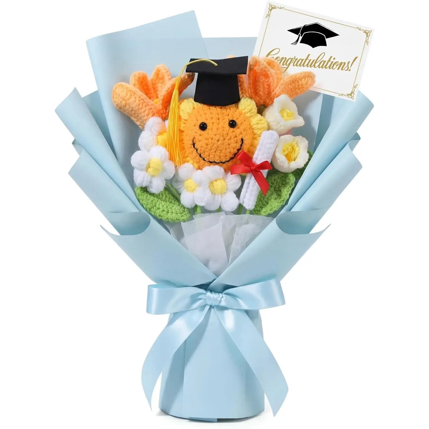 Dingion Handmade Crochet Graduation Flower Bouquet with Mortarboard, Sunflowers & Greeting Card - Class 2026 Photo Decor Gift for Her, Gift Giving Keepsake (Blue)