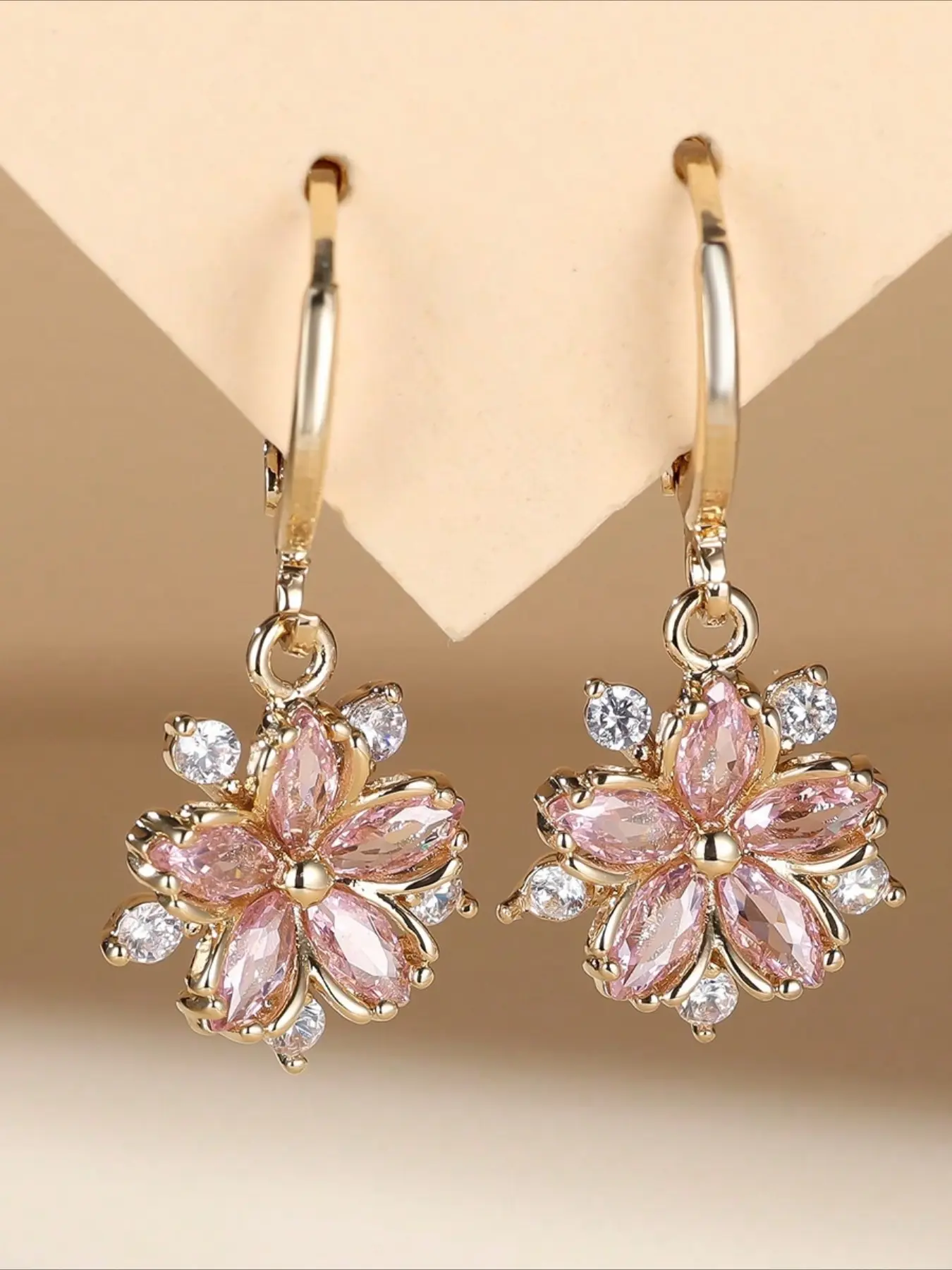 The Ultimate Pink Marquise Cubic Zirconia Cherry Blossom Dangle Hoop Earrings Jewelry Gold Tone Click Top Floral Drop Earrings Ear Hoops Romantic Spring Wedding Premium Gift for Her