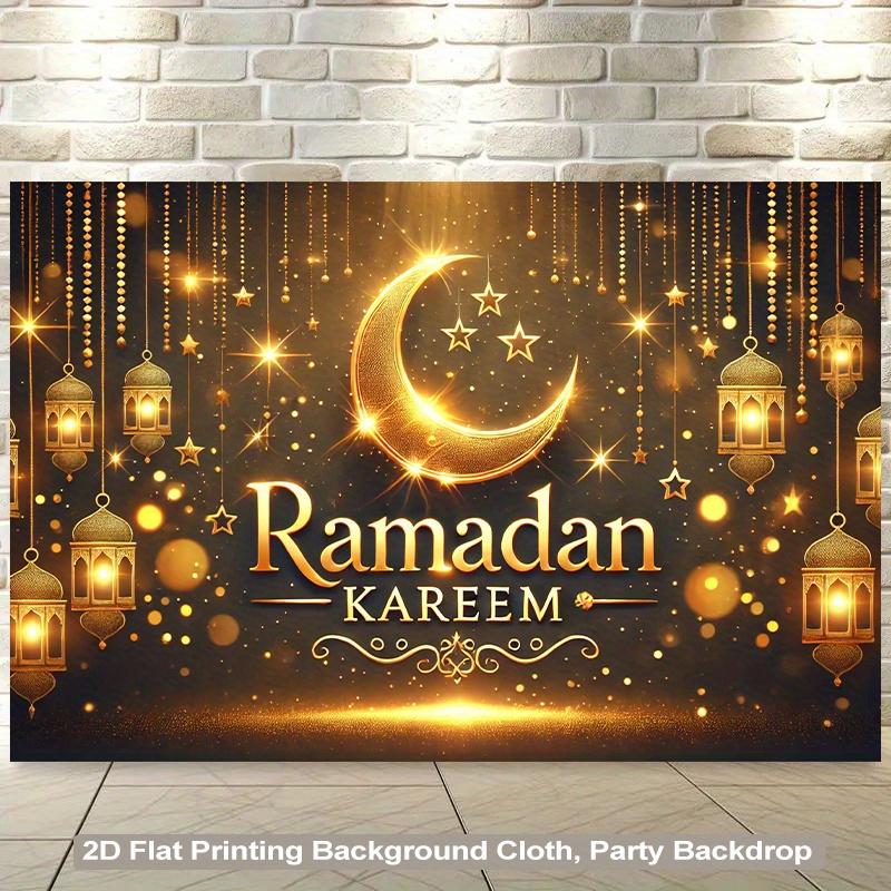 1PC,2D Flat Ramadan Kareem Party Backdrop, Golden Moon Star Lantern Pattern Background Cloth, Eid Festival Decoration Backdrop, Indoor Outdoor Event Scene Setting Banner, Islamic Ramadan Theme Party