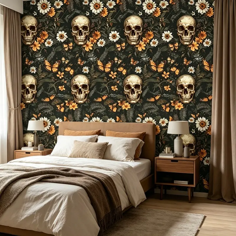 Gothic Nature Daisy Skull Butterfly Wallpaper, Peel and Stick, Rustic Dark Tone, Mould-Proof, for Bathroom, Bedroom, Living Room, Home Decor