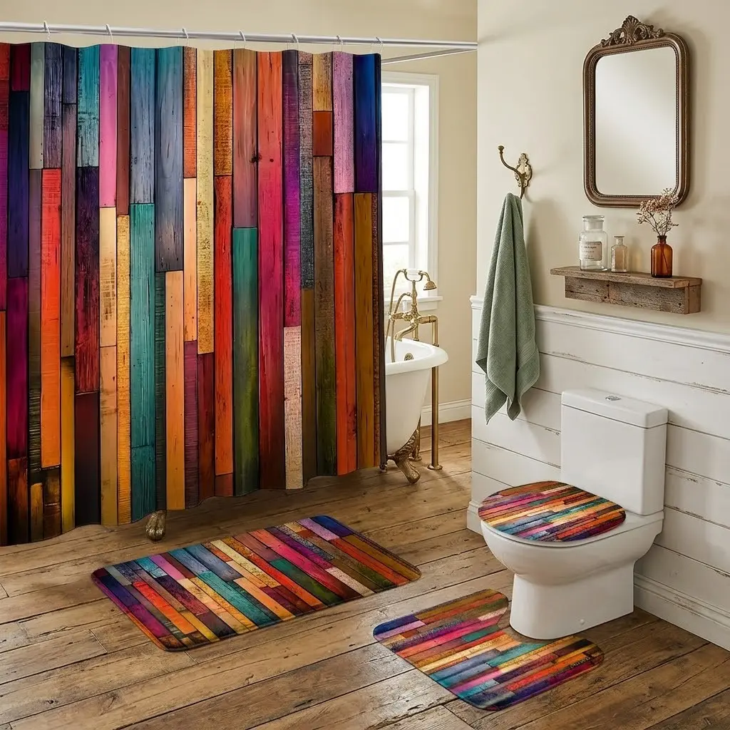 4pcs Colorful Vertical Vintage Wooden Plank Texture Print Shower Curtain Set, Rustic Bohemian Bathroom Kit with Toilet Lid Cover & Matching Floor Mats,The floor mat fabric is thicker and softer!  Vibrant Retro Farmhouse Home Bathroom Decor