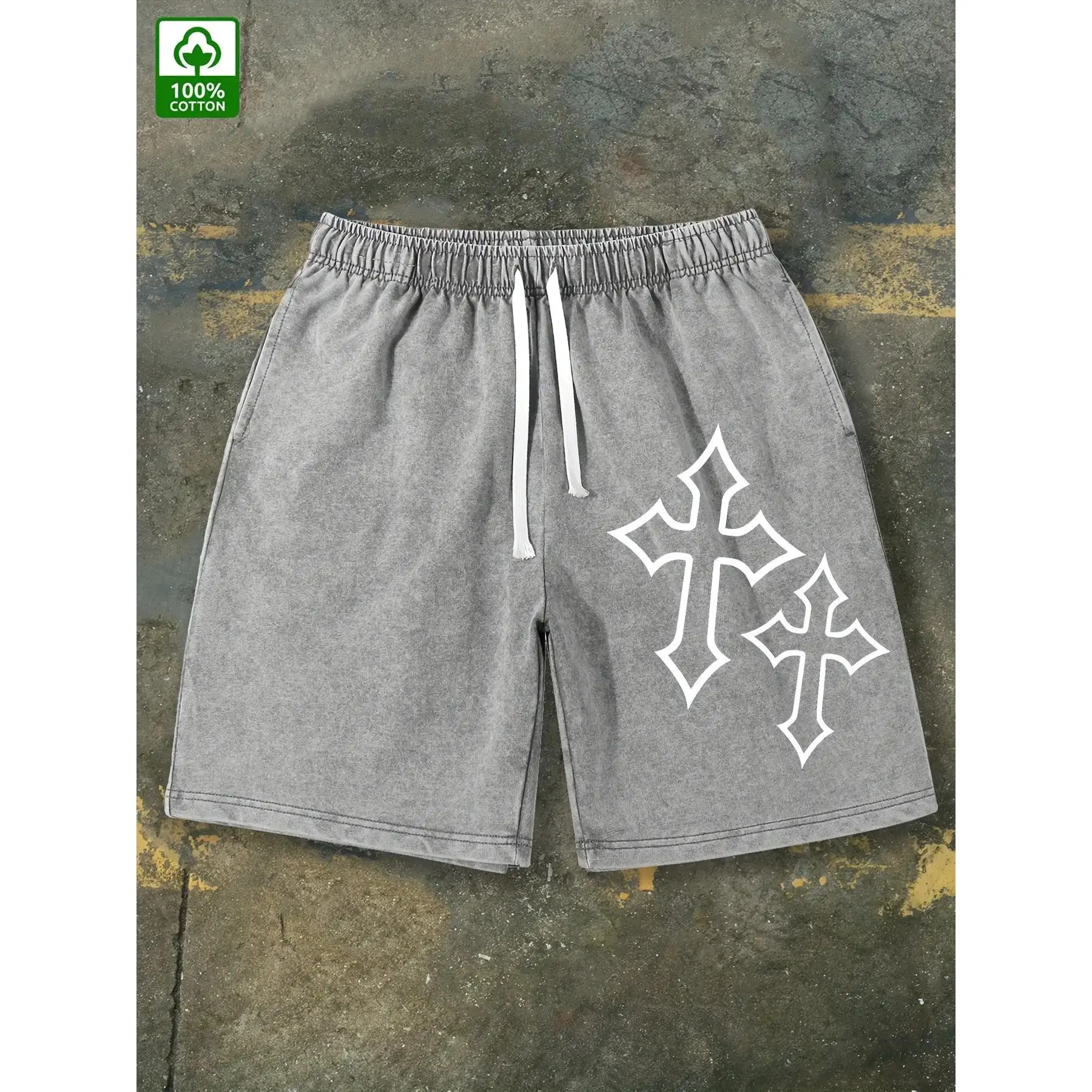 Men's Washed Vintage Cotton Graphic Shorts - Cross Pattern, Wrinkle-Free, Minimalist American Street Retro, Outdoors Casual Outfit, Machine Washable, Above The Knee, Athletic, Soft, Sturdy And Durable, Digital Print