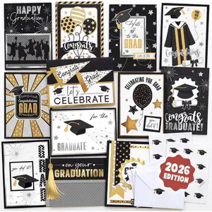 AUDREE Gold Foil Graduation Cards 2026 (5x7) - 12 Pack Grad Design with Envelopes & Stickers Bulk Assortment for College & High School, Congrats Grad Gifts Decorations for Him Her (Printed Messages)