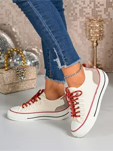 American Retro Patch Canvas Shoes White Red Edge Leopard Print Laces Street Style Flat Women Sneakers