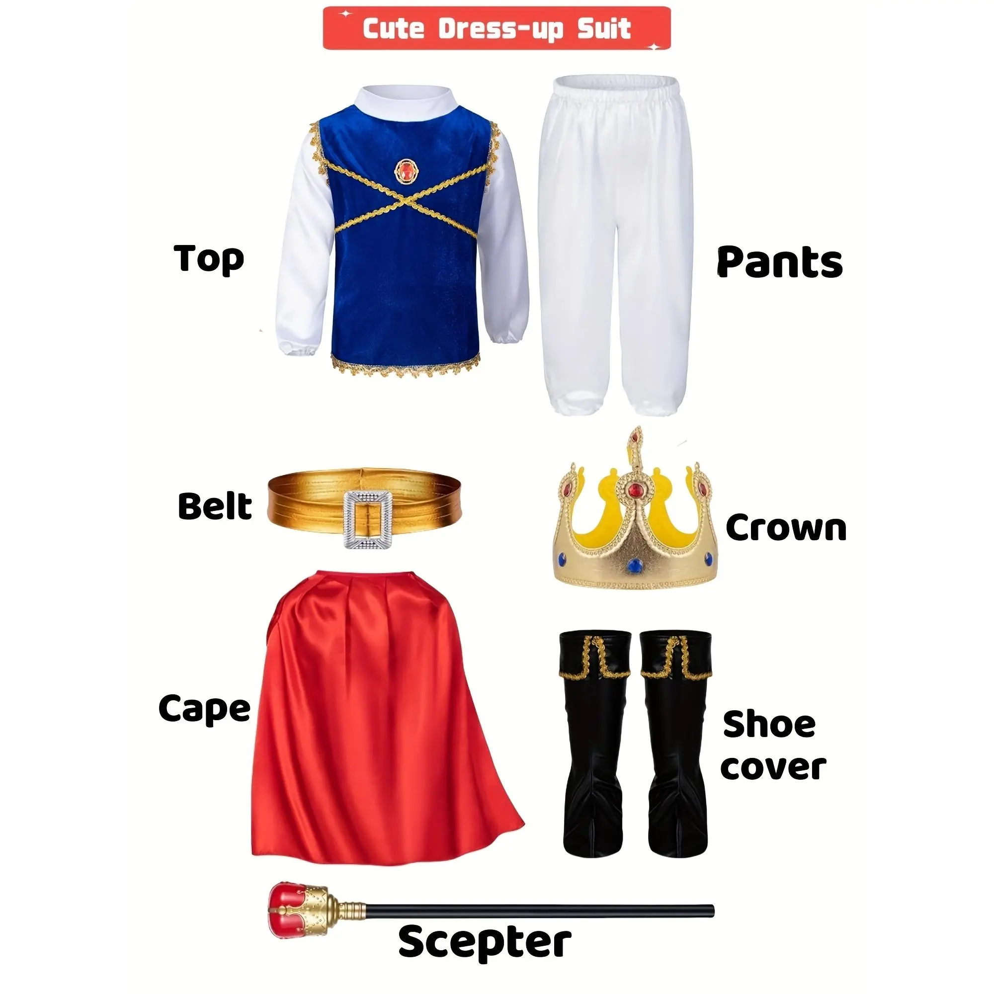 Kids Boys Prince Charming Halloween Costume Set, Royal Prince King Cosplay Outfit, Classic Fairy Tale Dress-Up Clothes, Comfortable Party Costume, Ideal For Halloween Parties, Themed Events, Role Play And Children Holiday Leisure Activities