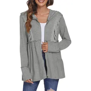 Full Zip Up Hoodie for Women Pleated Tiered Ruffle Hooded Sweatshirts Jacket Coat Long Sleeve(Pink, Medium)(Gift)
