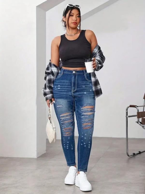 Plus Size Women's Elastic Washed Tight Casual Ripped Skinny Jeans, Distressed High Waist Long Denim Jeans for All Seasons, Sexy Date