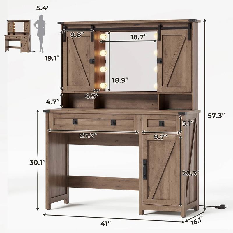 Sikaic Makeup Vanity with LED Mirror Sliding Barn Doors Brown