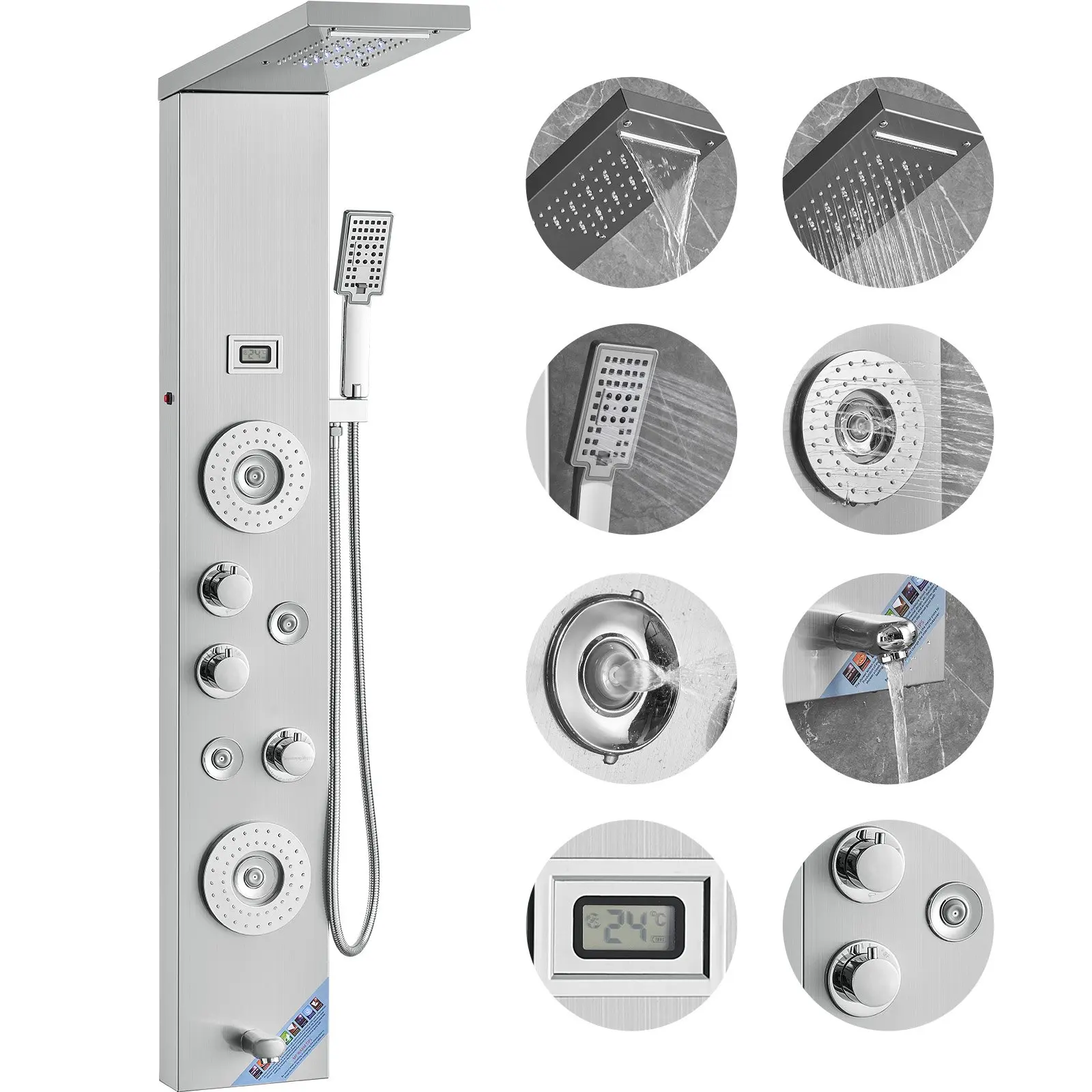 【DealsForYouDays】VEVOR Shower Panel System, 6 Shower Modes, LED Display Shower Panel Tower, Rainfall, Waterfall, 4 Body Massage Jets, Tub Spout, Handheld Shower Head 59" Hose, Stainless Steel Wall-Mounted Shower Set