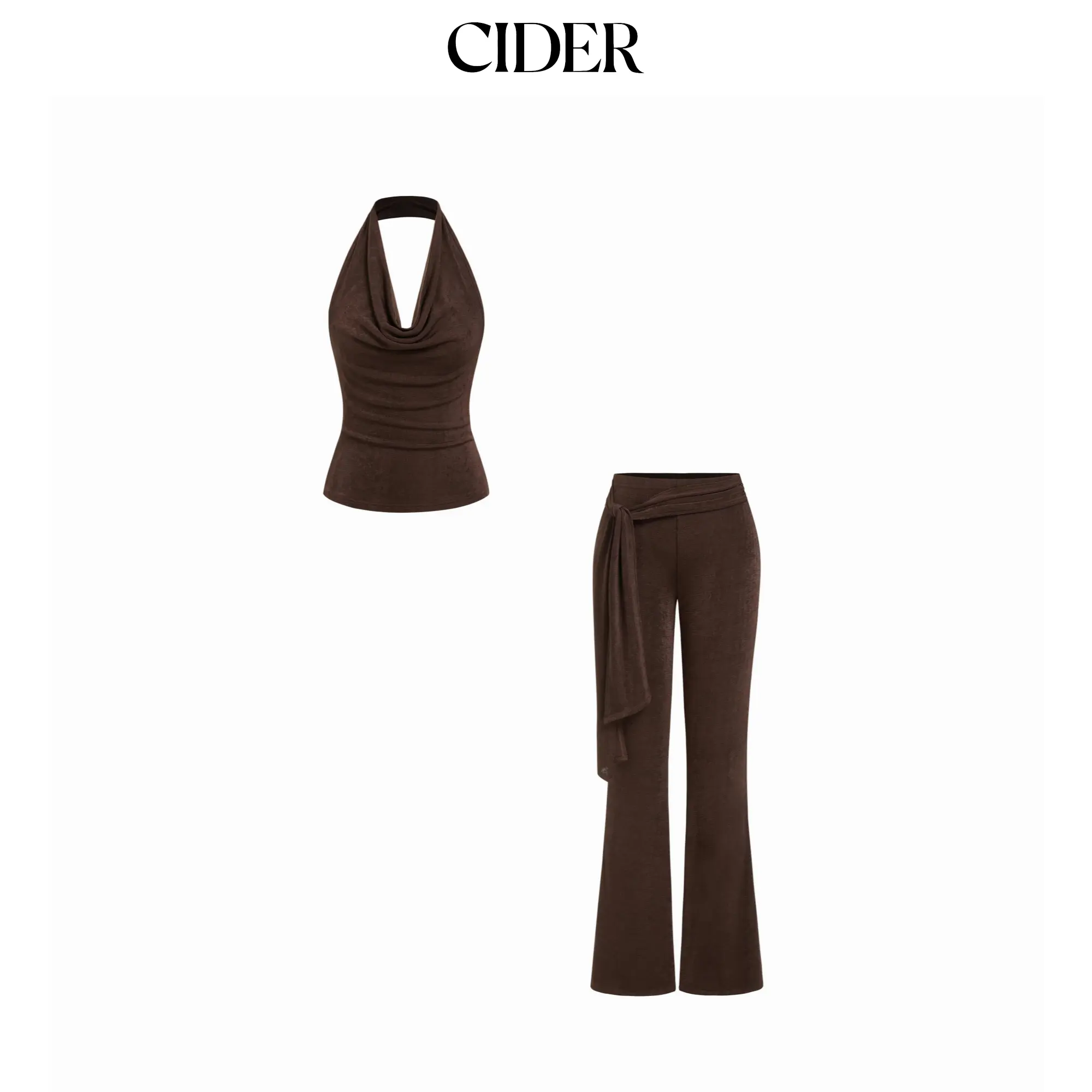 Cider Cowl Neck Ruched Top & Knot Asymmetrical Flared Trousers Set