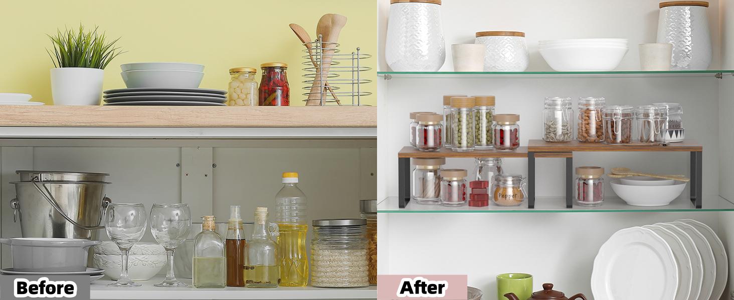 2-Pack Stackable Cabinet Shelf Organizer | Expandable Kitchen Pantry Spice Rack for Counter,Cupboard Storage | Black/Brown