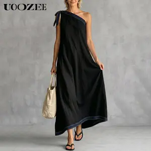UOOZEE Women's New 2026 Contrast Stitch One Shoulder Sleeveless Tie Strap Linen Blend Maxi Dress, Loose Fit Vacation Sundress with Pockets, Size Up for Full Bust&C+ Cup, Petite Length Note