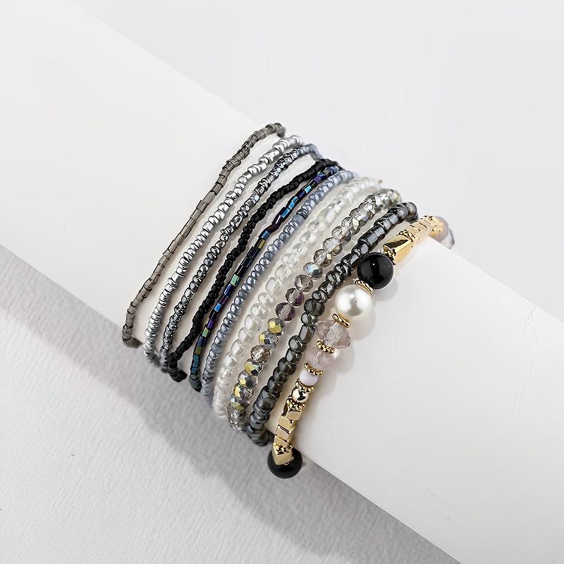 Bohemian Stackable Crystal Beaded Bracelet Multi-Layer Women's Elastic Jewelry Set