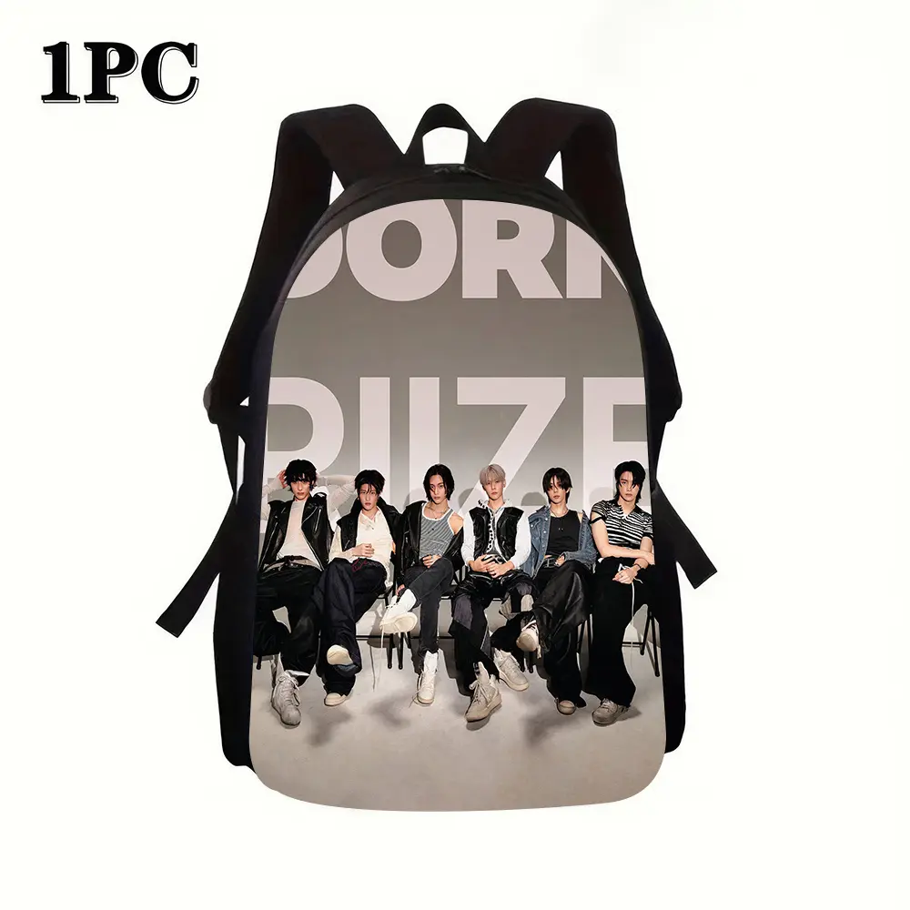 One K-pop idol group style backpack with Korean language/group logo and member portraits - lightweight, adjustable shoulder straps, zip closure, hand washable - a must-have accessory for K-drama fans. bookbag