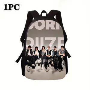 One K-pop idol group style backpack with Korean language/group logo and member portraits - lightweight, adjustable shoulder straps, zip closure, hand washable - a must-have accessory for K-drama fans.