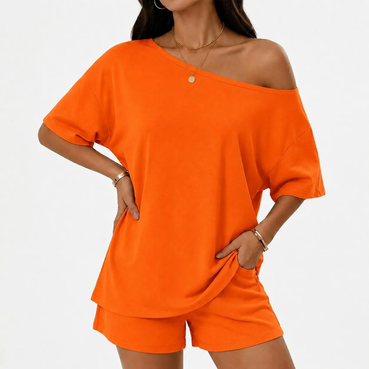 Women’s Summer Loungewear Set, Slouchy Off Shoulder T Shirt and Matching Elastic Waist Shorts, Casual Home Outfit