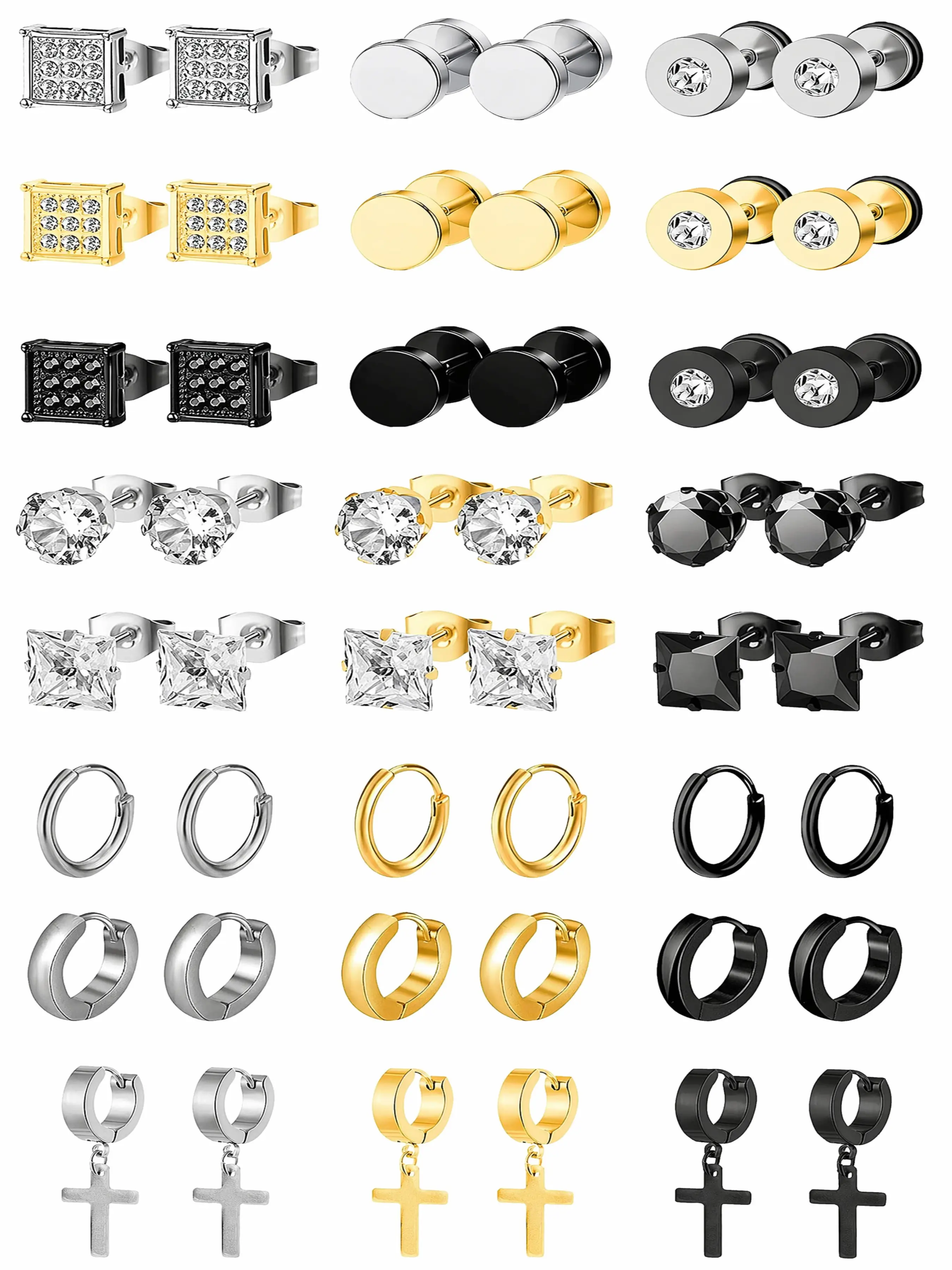 Jinxuan-24 Pairs Stainless Steel Earrings, Low Allergy Cubic Zirconia Studs, Punk Style, Unisex, Ring and Cross Pendant Designs