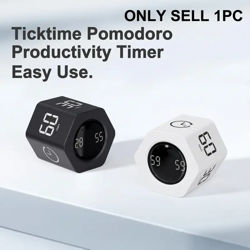 Ticktime Pomodoro Productivity Timer Cube, Hexagon Flip Clock, Pause & Resume, Mute & Adjustable Sound Alert, for Work, Office, ADHD, Study, Task, 1/5/10/30/60/min & Custom Countdown