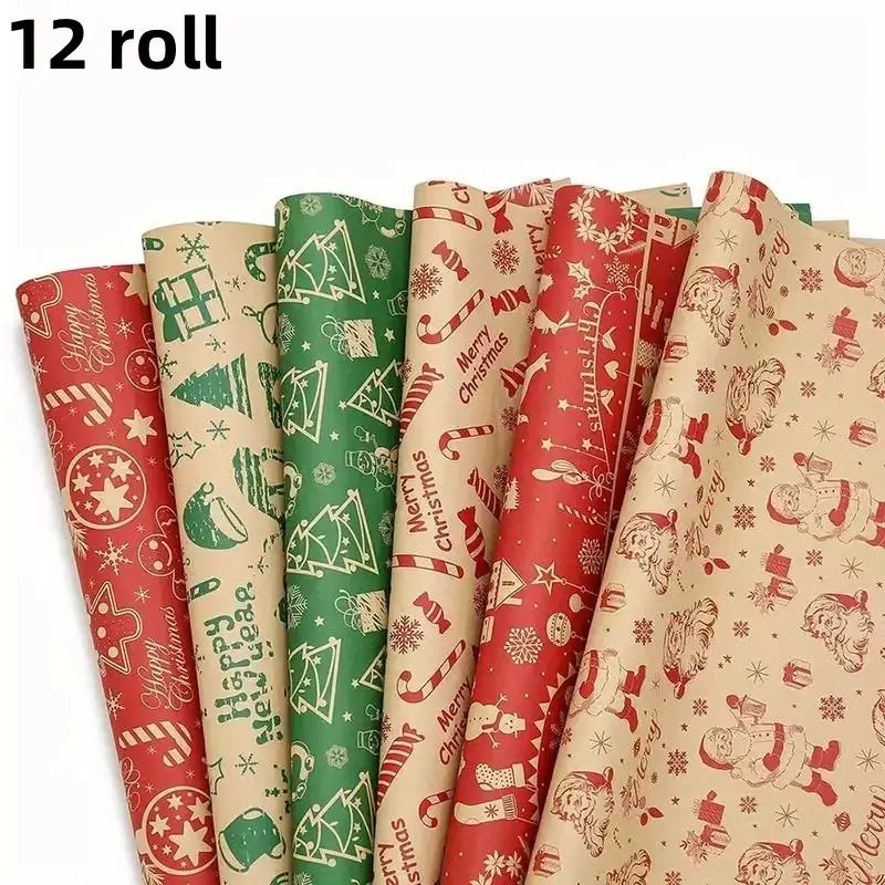 12 roll kraft paper Christmas wrapping paper set - recyclable paper! Retro style with Santa Claus and reindeer patterns, suitable for gift wrapping, scrapbook making, and Christmas tree decoration