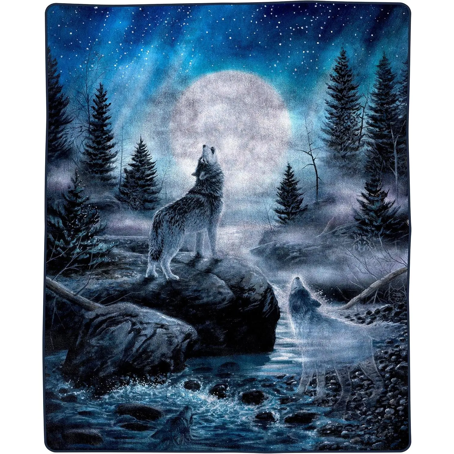 Wolf Blanket - 80x92-Inch Printed Howling Wolf Moon Blanket - Plush Thick 8lb Faux Mink Queen Throw for Couches, Sofas, or Beds by Lavish Home (Blue)