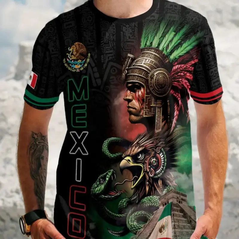 Mexican Aztec Warrior Print T-Shirt for Men, Ethnic Cultural Style Round Neck Short Sleeve Top, Casual Streetwear Fitted Graphic Tee, Unisex Design, Menswear