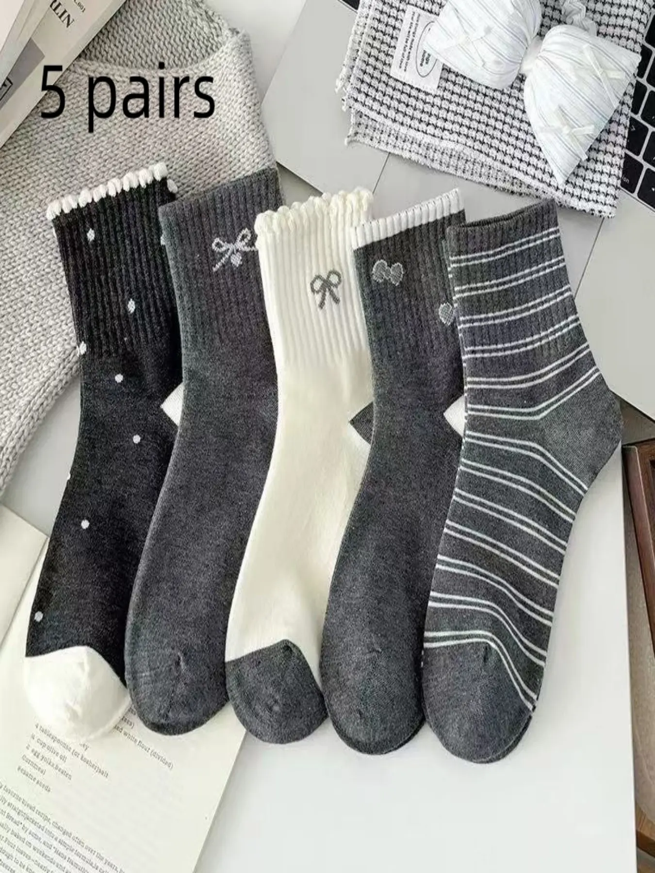 5 Pairs Women's New Dot Bowknot Socks, Autumn Winter Stackable Japanese Style Ruffle Mid-Calf Socks, Trendy Fashion Accessories