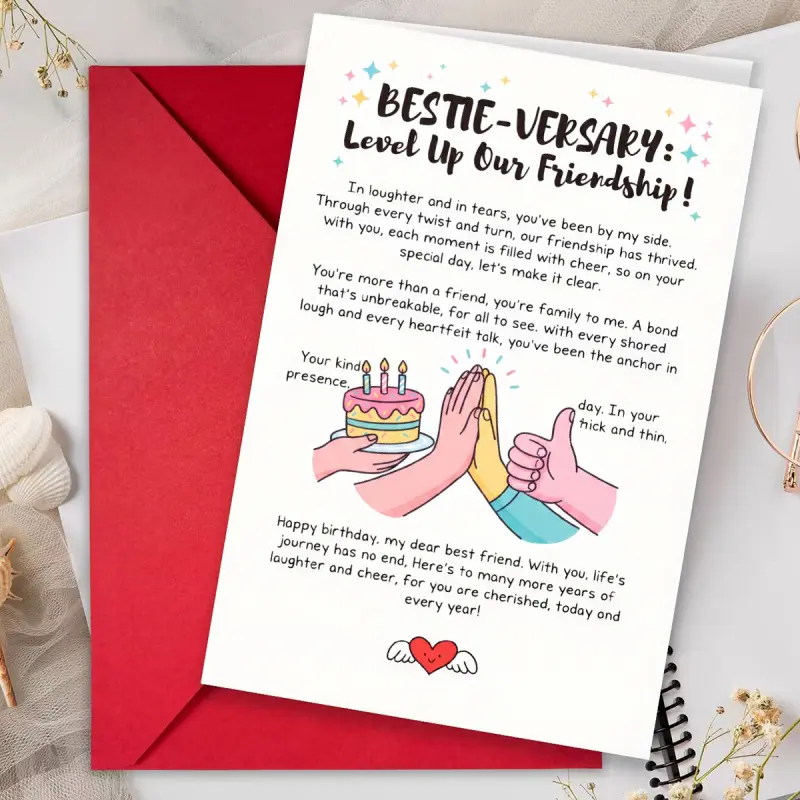 1 piece of friendship anniversary greeting card for besties, featuring an upgraded design for our friendship, cake and hand-drawn patterns, blank interior pages, suitable for celebrating bestie's birthday