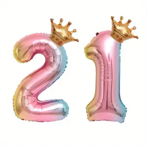 6pcs Crown Gradient Rainbow Balloon Set, 81cm/32inch, Numbers 21-29, Perfect for Birthday Parties, Anniversary, Valentine's Day Decorations