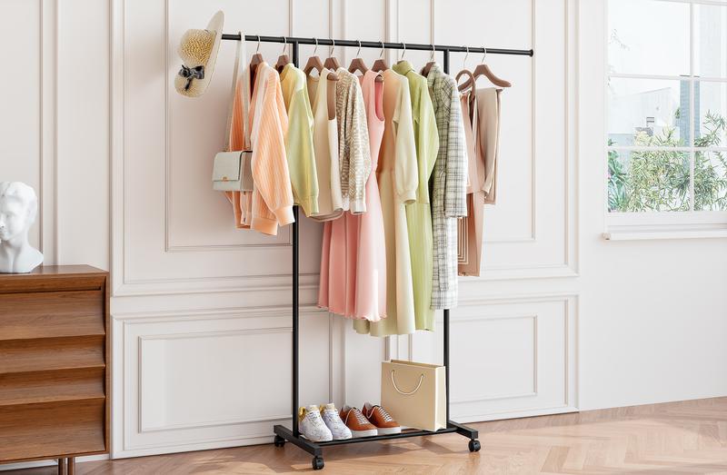 Metal Clothing Garment Rack,31.5 to 55.12 Inches Extensible Rod,  Rolling wheel Portable Drying HangingGarment Rack Suitable for Living Room, Bedroom,Balcony, Laundry