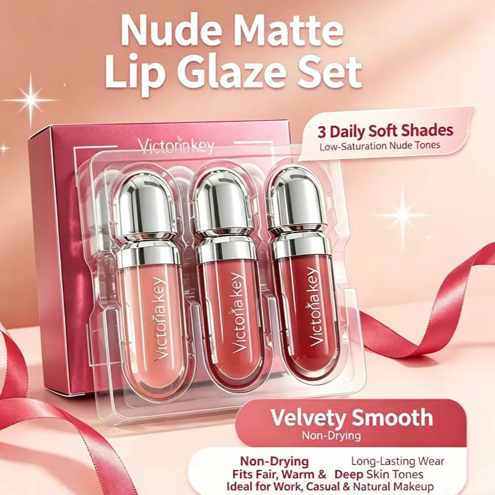 Matte Lipstick Gloss Waterproof Non-Stick Cup, 3-Piece Lip Color Set, Enhances Pigmentation, Gentle and Non-Irritating