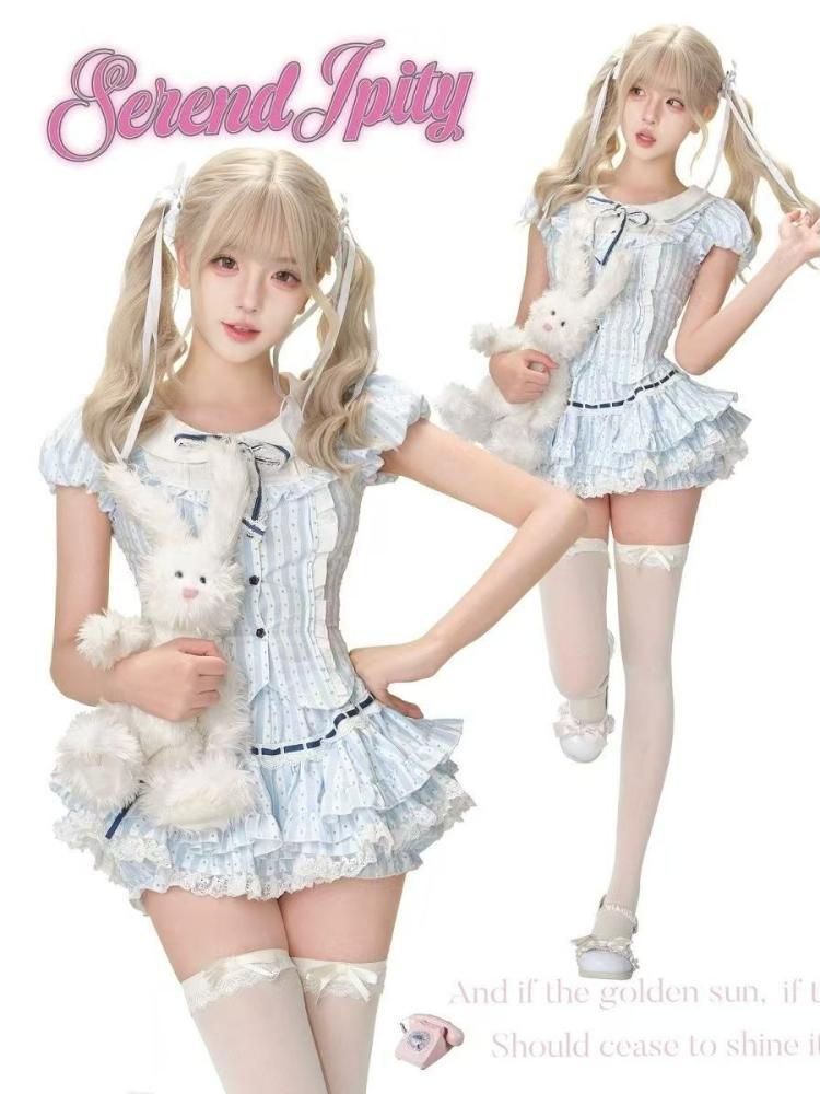 New Preppy Style Sweet Kawaii Blue Lovable Short Skirt Suit Fashion Pretty Slim Long Sleeve Doll Collar Striped Bow 2-piece Set