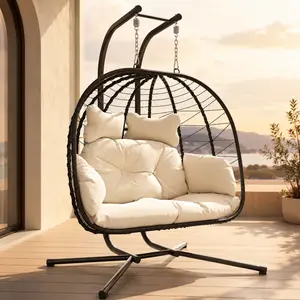Double Hanging Egg Chair with Cushion, 700lbs Capacity - Foldable Patio Chair with Handwoven PE Wicker & Rust-Proof Frame, for Garden, Porch, Backyard Soft Lounge Swing summerwins