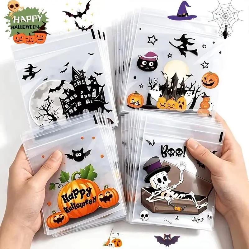 100Pcs Small Halloween Treat Bags,Clear Self Adhesive Candy Bags, Plastic Cookie Bags for Trick or Treat, Halloween Goodie Bags, Party Bags